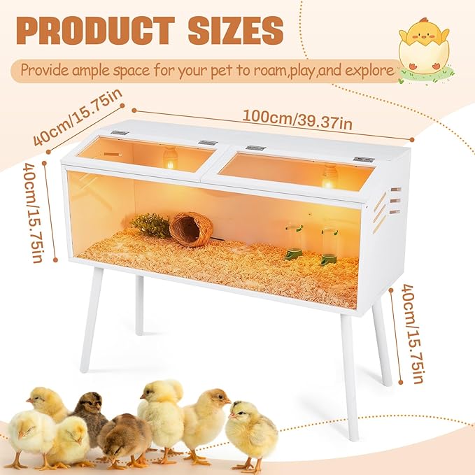 40 x 16 x 16 in Brooder Box for Chicken Quails Stand Sliding Door, Bulb Set and Feeder, Indoor Chicks Coop Brooder Box Kit, for Ducks, Hamsters, Lizards, Mice, Rat (Table Legs, White)