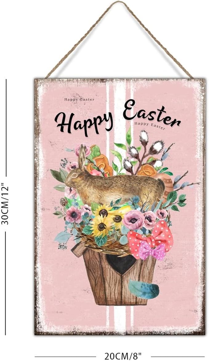 Happy Easter Flower Basket Bunny Wood Sign Wall Decor French Style Floral Pink Stripes Wood Wall Art Sign Farmhouse Spring Decor Easter Wall Decor Wood Signs for Game Room 8x12in
