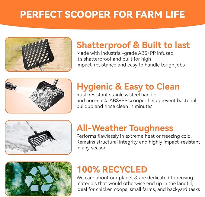 Chicken Poop Scooper & Rake 2-in-1, Chicken Coop Accessories with 13in Wider PP Head & Adjustable Stainless Steel Handle, 33''-69'' Pooper Scooper Sand Sifting Shovel Litter for Small Farm Animals