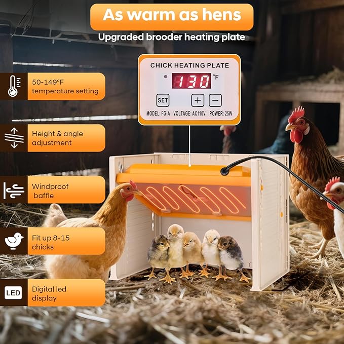 Brooder Plate for Chicks, 25W Heat Plate with Temperature Control, 9.76" x 9.76" Brooder Heater Adjustable Height and Angle, Chick Warmer Brooding Heating Plates for Baby Chicken Poultry Duck