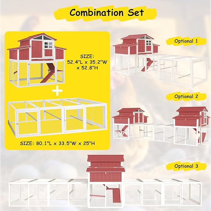 Large Outdoor Wooden Chicken Coop with Run for 2–4 Chickens, 2-Tier Elevated Hen House with Dual Nesting Boxes, Removable Slide-Out Tray, Reinforced Frame, Backyard Poultry Cage, Red