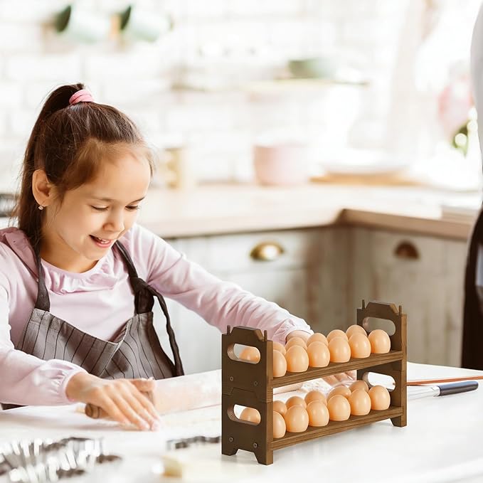Wooden Egg Holder Countertop Fresh Chicken Egg Holders Storage for Gathering Fresh Eggs, 2-Tier Stackable with 24 Eggs, Farmhouse Home Eggs Rack Organizer Decoration