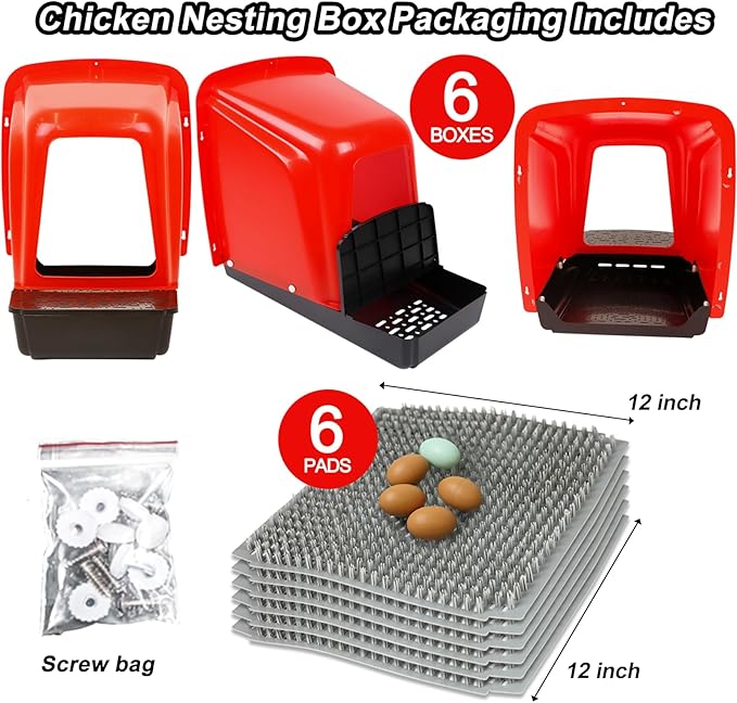 Chicken Nesting Boxes Chicken Laying Boxes with Egg Roll Out Nesting Boxes for Chickens Coop Nest Box Large, Easy to Install, Waterproof and Durable (Red, 6 Pack)