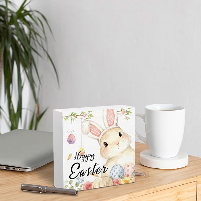 Happy Easter Bunny Wooden Box Sign Desk Decor, Easter Rabbit Decor, Spring Floral Egg Bunny Wood Signs for Bedroom Home Office Desk Table Shelf Decorations, 5x5 Inch