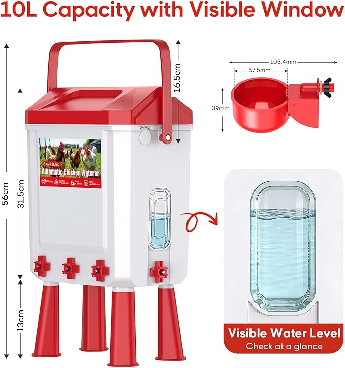 Automatic Chicken Waterer, 10L Poultry Watering System with Visible Water Level Window, Auto Refill Hose and Float Valve, Chicken Water Feeder with Cups or Nipples for Backyard Chickens
