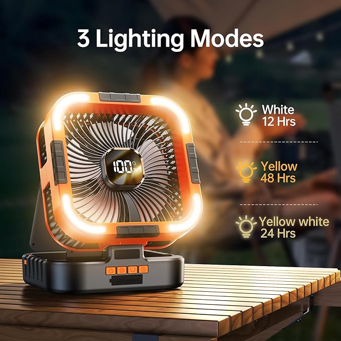 Solar Camping Fan with Light-10000mAh Rechargeable Portable, 6 Speeds, Digital Display, Timer, 120° Oscillation, Cordless Battery Powered Fan for Home Outdoor Tent Travel BBQ Fishing (Orange)