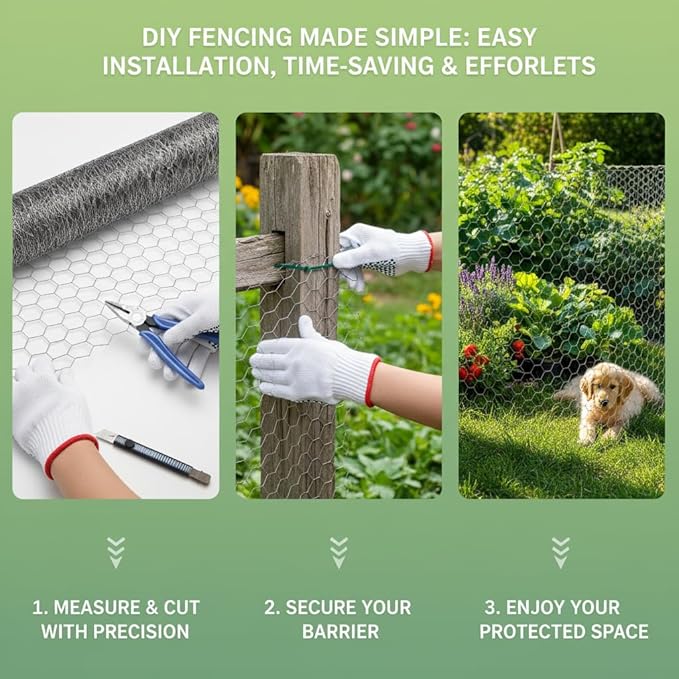 (47 inches x 99 feet) No. 20 Hexagonal Galvanized Metal Mesh, Chicken Wire Fence, Poultry Protective Netting, Cut-to-Size, Weather-Resistant, Includes Gloves, Pliers, and Wire