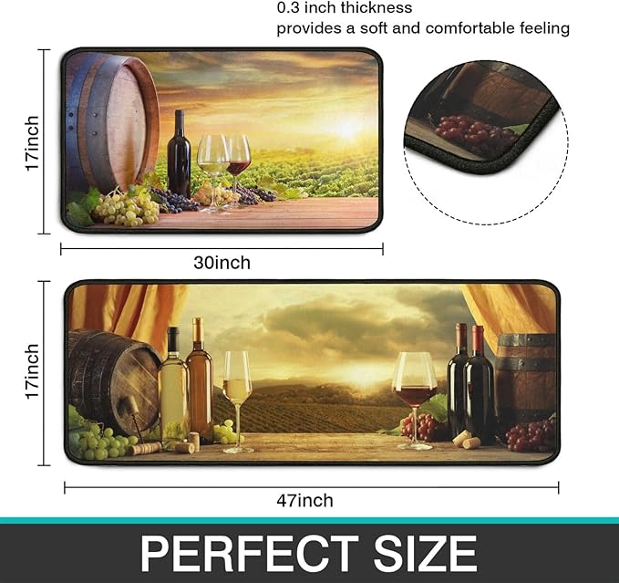 Roszwtit Wine Kitchen Rugs and Mats Set of 2, Farmhouse Red Wine Non-Slip Backing Kitchen Rug, Kitchen Sets Low-Profile Washable Floor Mat for Home Kitchen Decor - 17x29 and 17x47 Inch