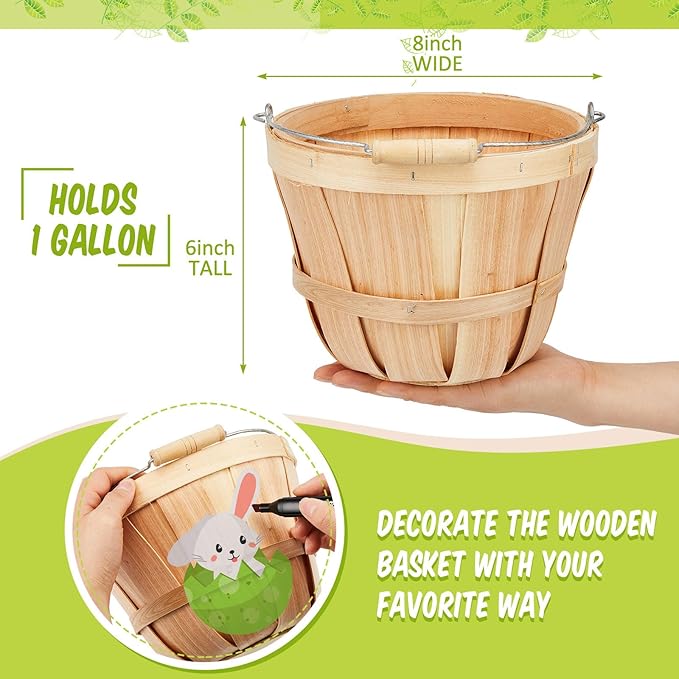 6 Pack Round Wooden Fruit Baskets Small Bushel Apple Buckets with Handle Display Buckets for Gifts Empty Easter Spring Winter Basket for Fruits Vegetables, Home Party Supplies