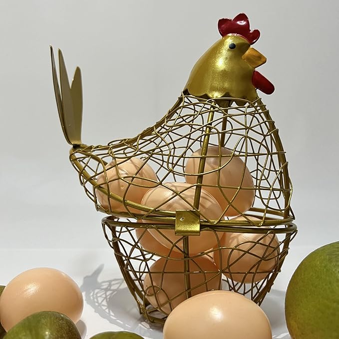 Chicken Wire Egg Basket Egg Holder Farmhouse Rustic Vintage Rooster Decor Chicken Shaped Egg Basket Fruit Storage Wire Basket For Collecting And Countertop Storing Egg (Gold)