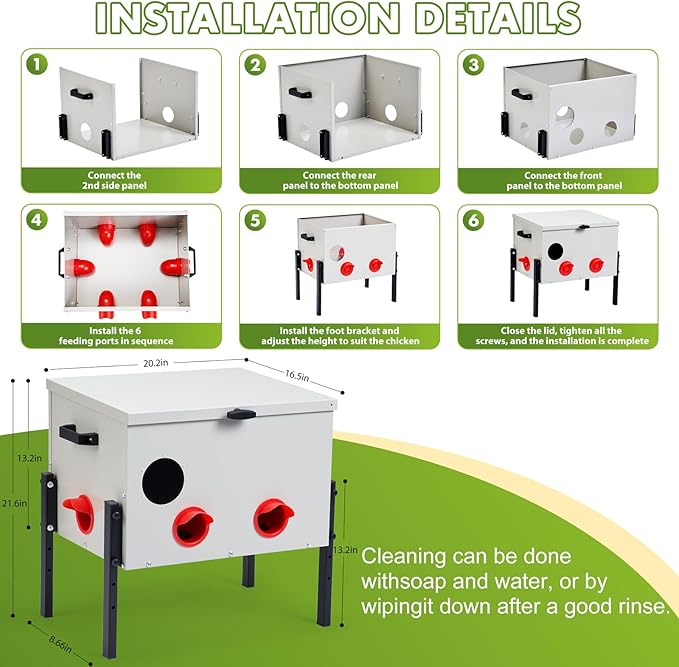 Metal Chicken Feeder with 6 Ports, 60 lbs Metal Poultry Feeder, Height Adjustable Weatherproof Feeding Box for Chickens, Geese, Ducks, Turkeys, Quails (60lbs-6 Ports)
