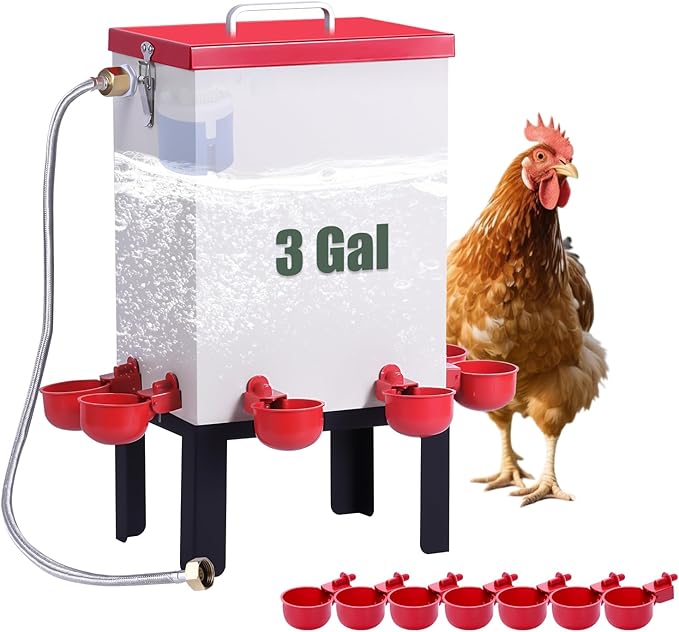 3 Gallon Chicken Waterer,Stainless Steels Automatic Chicken Waterer Feeder with Float Valve,Water Cups, Bottom Bracket and Hose (One End 3/4") Poultry Waterer Dispenser for Quail Duck Goose Turkeys