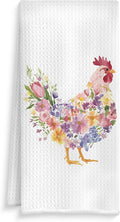 Rustic Floral Chicken Kitchen Towels, Chicken Lover Mom Lady Gifts Dish Tea Towels, Farmhouse Flower Rooster Hen Decorative Hand Towel for Bathroom Kitchen, 16x24 Inch