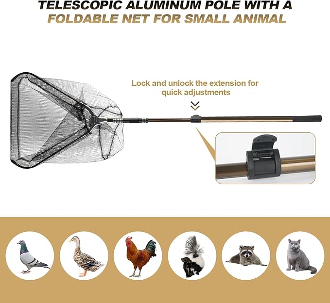 Animal Catch Net, Poultry Catching Control Pole, Farm Trap Tools Capture for Bird Cat Chicken Bat Duck Goose Raccoon Crow Skunks Squirrels Feral Trap Catcher Net