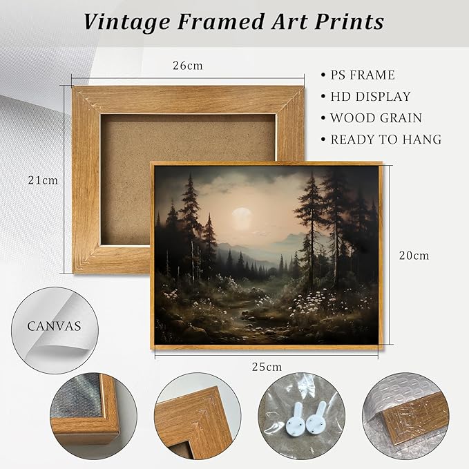 Framed Vintage Moon Poster Rustic Botanical Wall Art Dark Scenery Picture Nature Landscape Prints Vintage Forest Posters Moody Plant Wall Art Full Moon Painting Dark Cottagecore Print 8x10inch