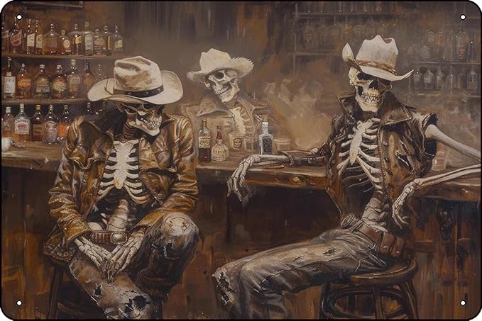 Wild West Remains Skeleton Cowboy In a Bar Oil cocktail Western Wall Art Cowboy Art Road Trip Gift Southwestern - 8 x 12 inches Vintage Metal Sign