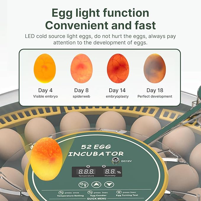 Automatic Egg Incubator for 52 Eggs with Egg Turner & Candler Light - Poultry Hatcher for Chicken Duck Pigeon Bird, External Water Bottle, 60W Household Hatching Machine (19.68 x 3.54 Inch)