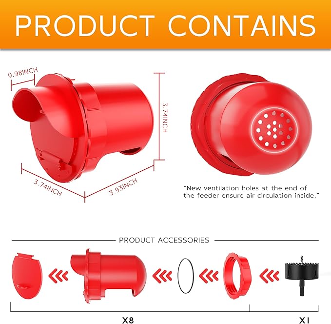 Chicken Feeder Port 8 Pack Poultry No Waste Port Kit with Stopper Lid, 1 Hole Saw, DIY Automatic Reusable Coop Feeders, Rain Proof Gravity Feeding Geese Duck Hens Rooster for Bucket Barrel Bin (Red)