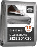 RAINDEWAY 20x30 Feet Tarp,Tarps Heavy Duty Waterproof,10Mil Thick Multipurpose Large Tarp Cover with Metal Grommets and Reinforced Edges,Silver/Brown Tarp