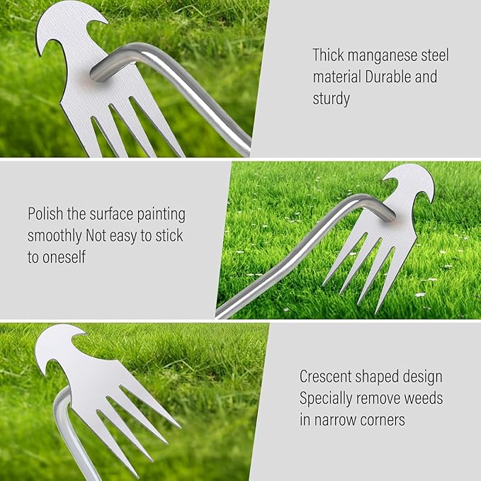 Manual Weed Puller Tool, 4-Claw Steel Head, Wooden Handle, Hand Garden Weeder