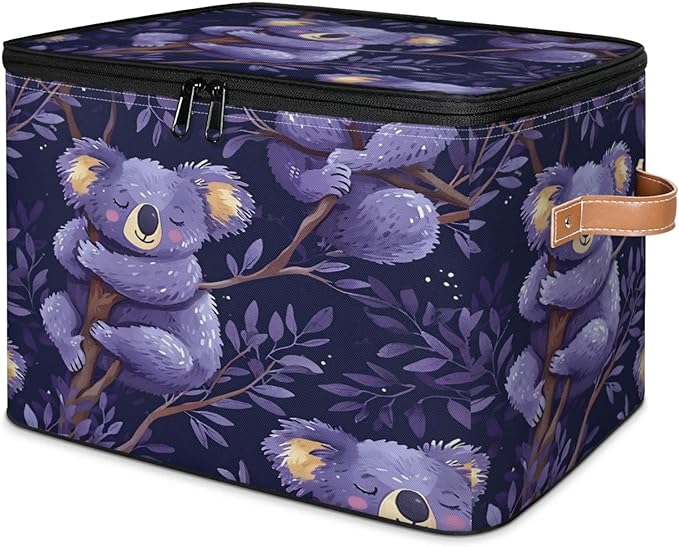 Storage Cubes with Lid Fabric Storage Bins Boxes PU Leather Handles, Cute Koalas Closet Organizer Container Foldable Washable Shelf Cloth Basket, Cartoon Koala