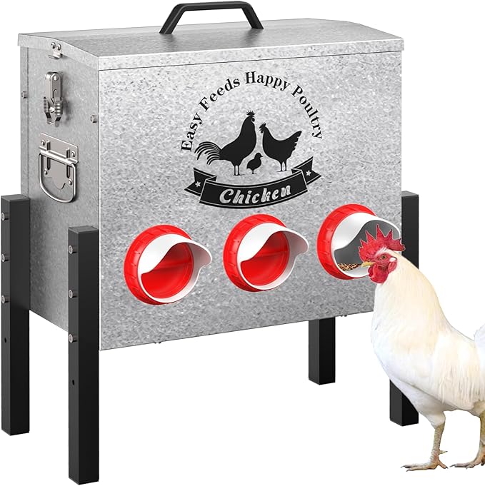 7gal Large Automatic Chicken Feeder - 6 Port No Waste Poultry Feeder, Rust-Proof Alloy Steel with Locking Lid & Adjustable Legs for Chickens, Ducks, Geese, Poultry