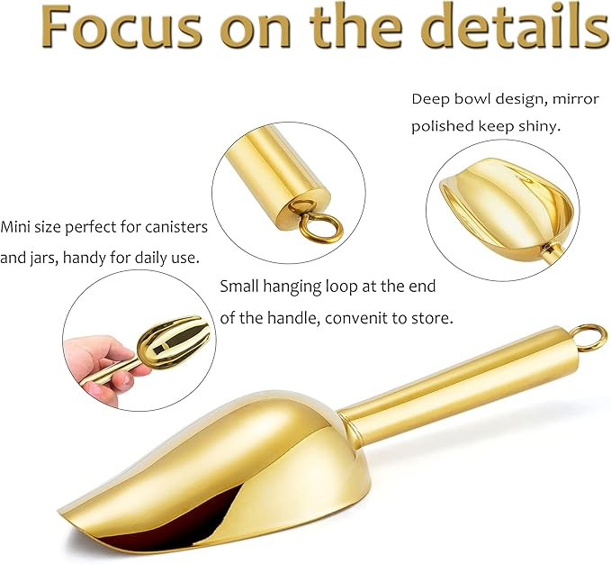 Mini Ice Scoop Set of 2, E-far 3 Ounce Gold Stainless Steel Scoops for Candy/Flour/Sugar, Small Metal Scoops for Party/Canisters Jars/Kitchen Bar/Ice Maker, Rust Proof & Dishwasher Safe