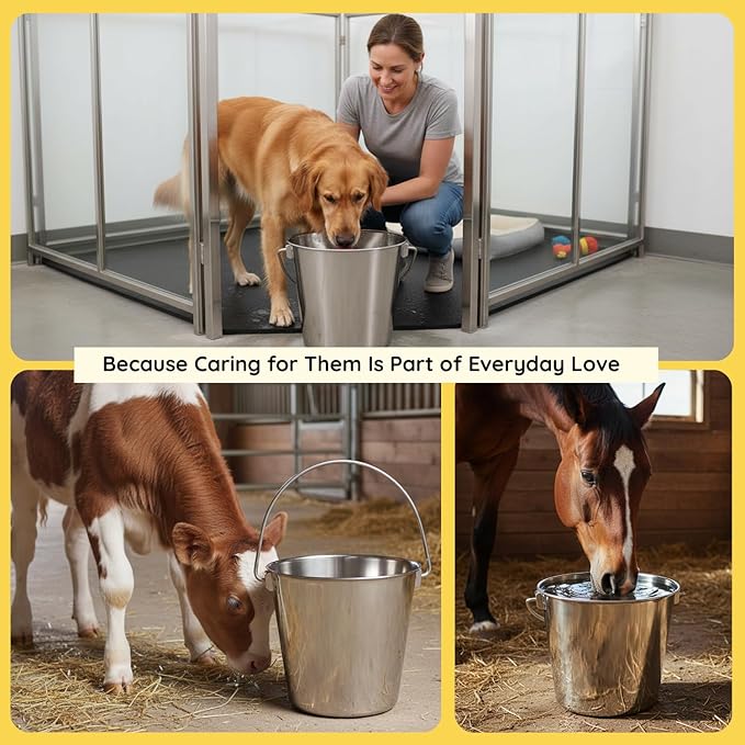 16 quart Heavy Duty Stainless Steel Round Bucket with Handle | 4 gal Sturdy Food & Water Bowl for XL Dog Goat sheep Horse & Livestock | Fits kennel Crate Cages Farm | Hanging Utility Pail