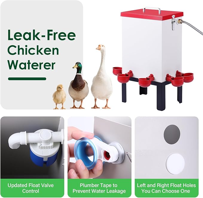 3 Gallon Chicken Waterer,Stainless Steels Automatic Chicken Waterer Feeder with Float Valve,Water Cups, Bottom Bracket and Hose (One End 3/4") Poultry Waterer Dispenser for Quail Duck Goose Turkeys