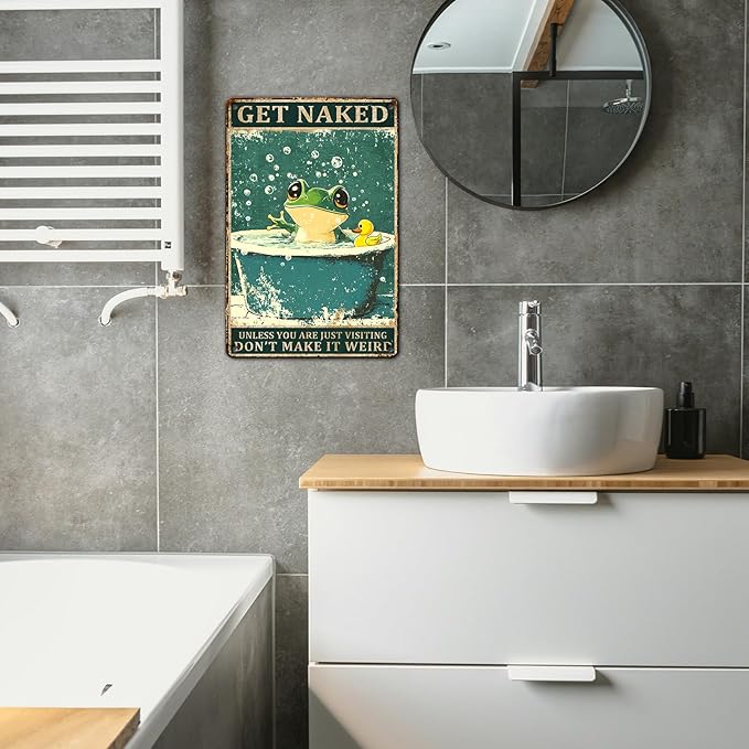 PEACHGARDEN Funny Bathroom Decor Frog Vintage Metal Sign Shower Room Wall Decor Bathroom Toilet Frog Poster 8x12inch
