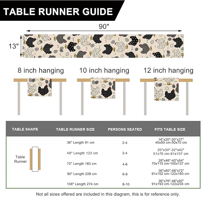 Seliem Chicken Hen Table Runner, Black White Eggs Plaid Polka Dots Farm Kitchen Dining Table Decor, Spring Farmhouse Burlap Home Decoration Indoor Outdoor Party Supply 13 x 90 Inches