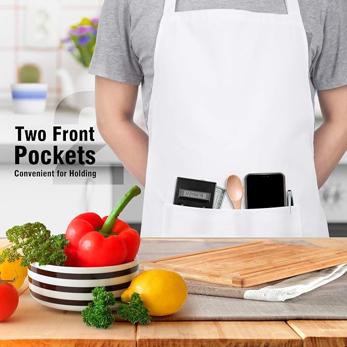 Xornis 2 Pack Bib Aprons with 2 Pockets Kitchen Apron Cooking Chef, White