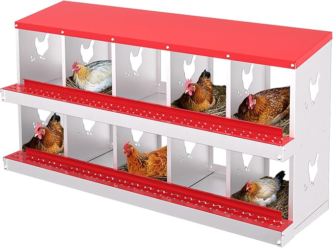 Chicken Nesting Boxes for Hens - 6&8&10 Compartments Roll Away Chicken Laying Boxes with Sturdy Metal Legs & Protective Lid Cover, Durable Galvanized Steel Construction, Easy Clean Design
