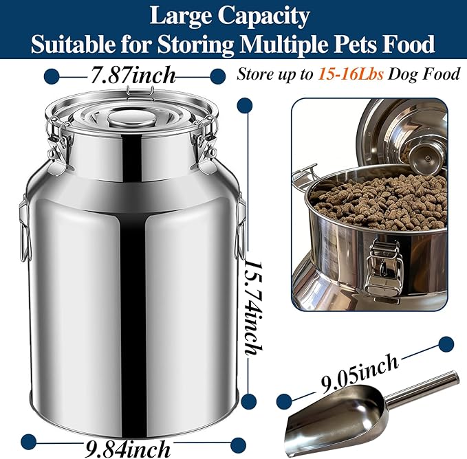 15 Lbs Stainless Steel Dog Food Storage Container with Scoop, Large Metal Dog Food Bin with Airtight Lid & Locking Clamp, Pet Treat Jars for Dogs & Cats, Keep Fresh, Easy to Clean