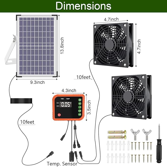 Lewisia 10W Solar Powered Fan with Timer & Temperature Control IPX5 Weatherproof Dual Fan Solar Exhaust Intake Cooling Ventilation for Chicken Coop Greenhouse Shed Pet House Garage