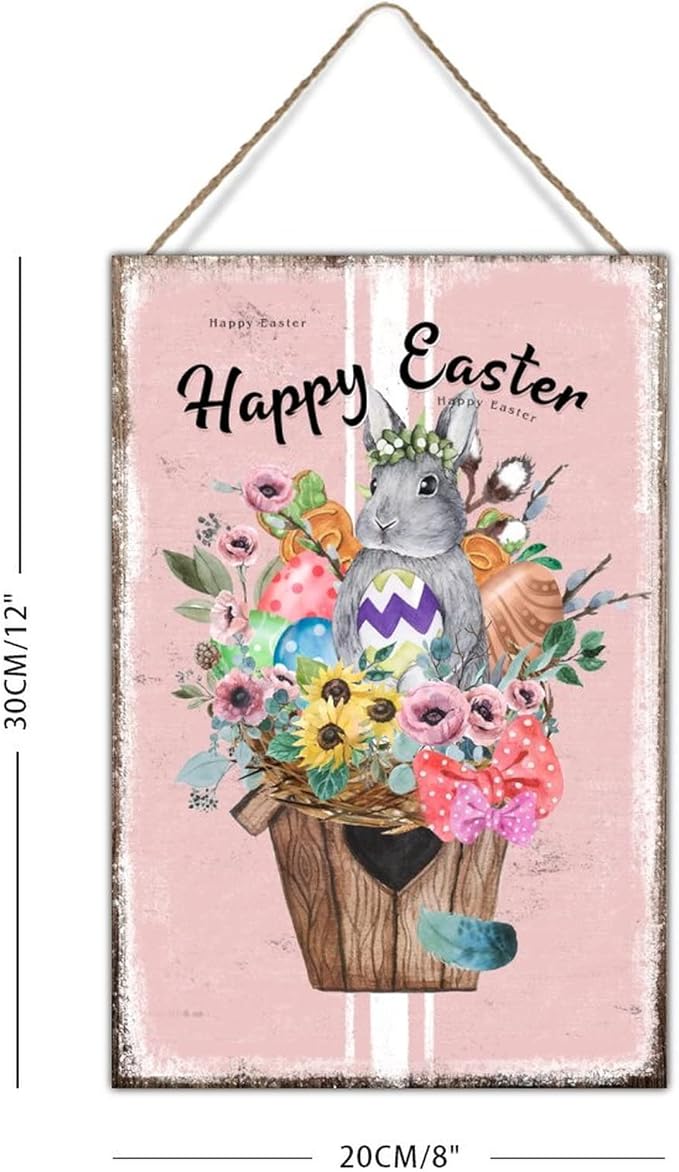 Wood Sign French Style Floral Pink Stripes Sign Happy Easter Flower Basket Bunny Wooden Door Hanging Signs Farmhouse Easter Decor Happy Spring Wall Decor Sign for Living Room 8x12in