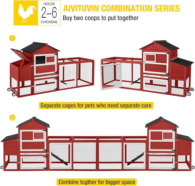 Aivituvin Mobile Chicken Coop with Wheels for 4-6 Chickens, Backyard Expandable Chicken House Duck Cage with Run, 2 Nesting Boxes, Easy Clean Pull-Out Tray, Leak-Resistant Asphalt Roof, 82.4"(Red)