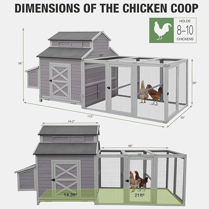 115’’ Large Chicken Coop with Run, Wooden Hen House with Nesting Boxes, Outdoor Poultry Cage with Waterproof Asphalt Roof for 8-10 Chickens, Chicken Tractor with Leakproof Pull-on Tray