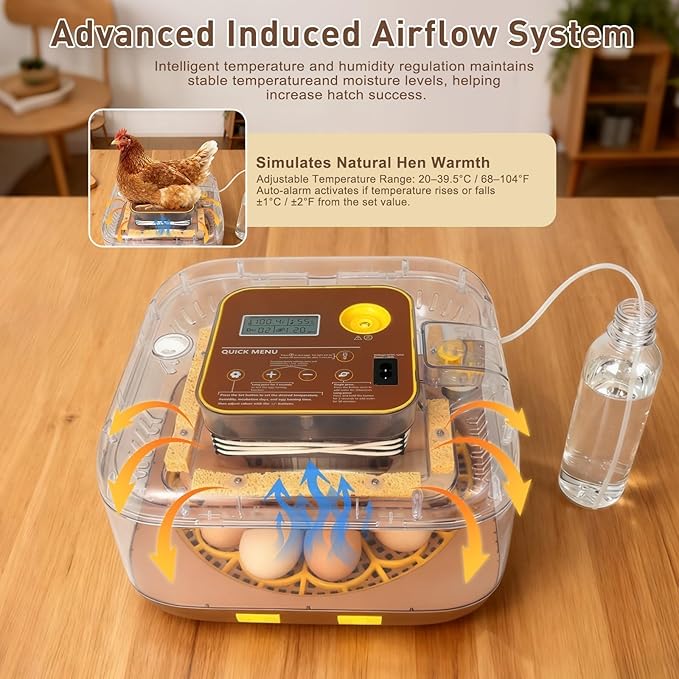 Series IV - 12-Egg Fully Automatic Incubator, Low Maintenance, Sensor-Based Precise Humidity & Temp Control, Custom-Interval Auto Turn & Auto Stop, Preset Incubation Days, Candler, Alarms