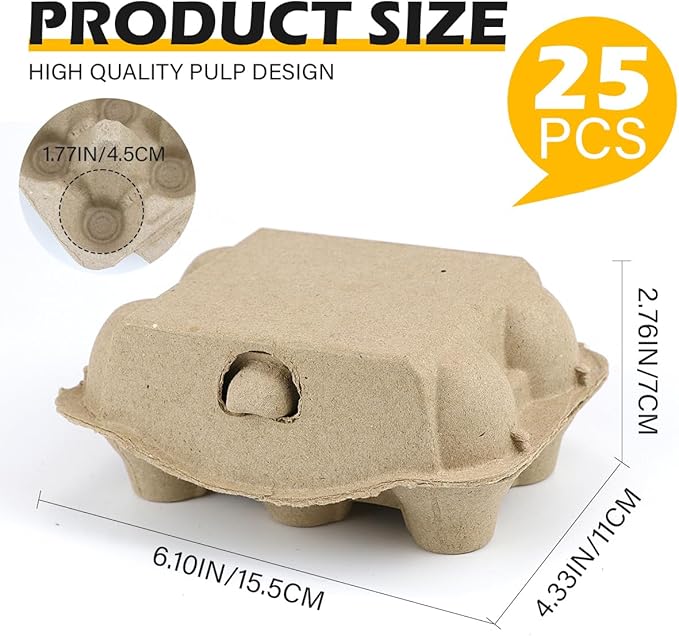 25 Pack Empty Egg Carton 6 Cell Pulp Fiber Egg Holders Storage Tray Chicken Duck Eggs Box for Home, Kitchen, Farmhouse