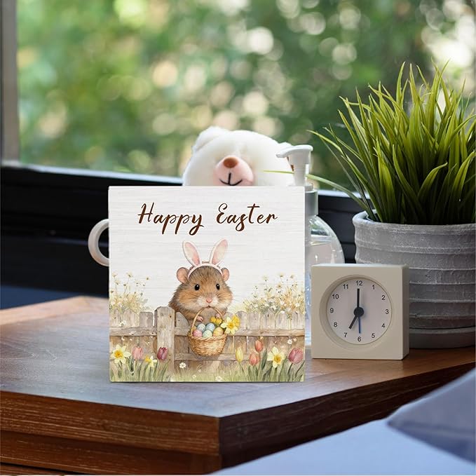 Happy Easter Hamster Wooden Box Sign Desk Decor, Spring Wildflower Easter Egg Farm Hamster Wood Signs for Bedroom Home Office Desk Table Shelf Decorations, 5x5 Inch