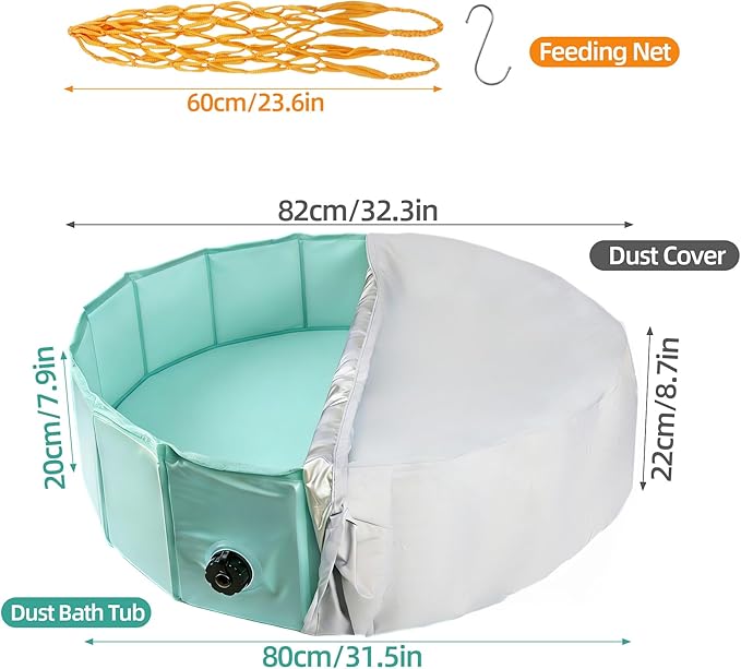 Chicken Dust Bath Tub, 32.3" D * 8" H Foldable Bathing Pool with Waterproof Cover & Feeder Net, Dust Bath for Chickens & Duck Tub, Dog Pool, Multi-Pet Coop Accessory (Green)