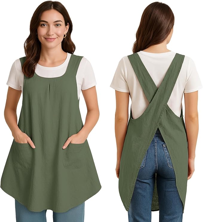 Apron for Women with Pocket Cotton Linen, Japanese Cross Back Apron for Gardening Painting