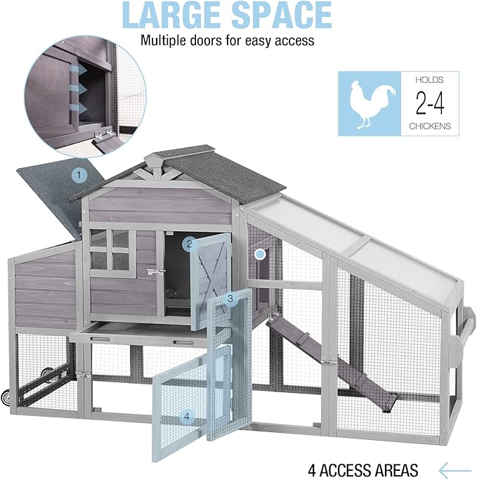 Large Chicken Coop with Run and Wheels, Wooden Hen House with Nesting Box and Waterproof Roof, Poultry Cage with Leakproof Tray, Rabbit Hutch, Bunny Cage Outdoor, Chicken Tractor for 4 Chickens (Grey)