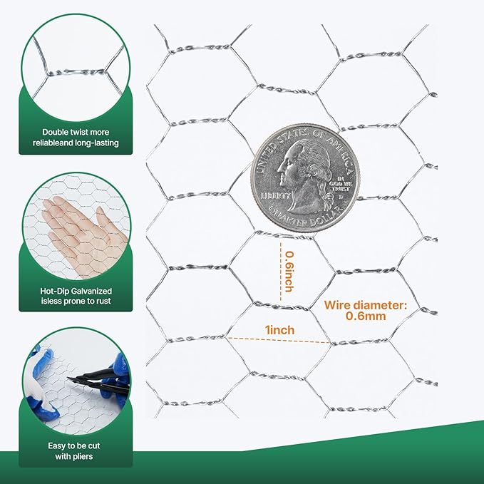 Chicken Wire Fencing Mesh, 15.7 Inch x 32.8 Ft Welded Cage Wire Rolls 0.6 Inch Hexagonal Galvanized Floral Fence Mesh for Animal Enclosure Chicken Coop Flower Beds Poultry Netting and Rabbit Fencing