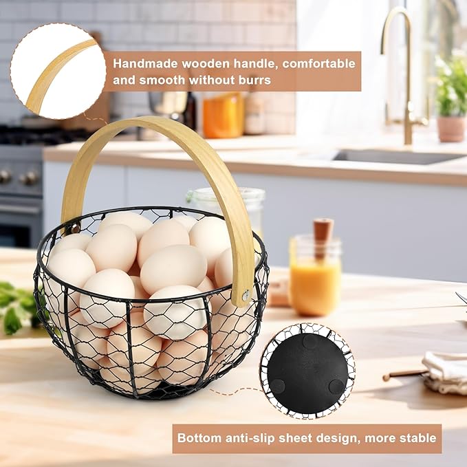 Wire Egg Basket for Gathering Fresh Egg Collecting Basket With Handle, Large Capacity Egg Holder Countertop, Metal Vintage Chicken Egg Basket for Farmhouse Kitchen Counter Decor Fruit Storage (Black)