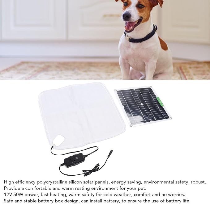 Solar Panel Pet Heating Pad 12V 50W - Portable Soft Heated Blanket for Dogs Cats Outdoor Car Travel, Chicken Coop Safe, Puppy Kitten Warmer with Battery Box