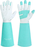 HANDLANDY Long Gardening Gloves for Men & Women, Thorn Proof Rose Pruning Gloves Leather Gauntlets Garden Glove Yard Work Glove (Teal Green, Small)
