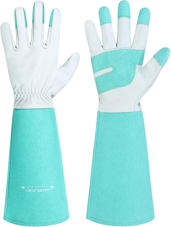 HANDLANDY Long Gardening Gloves for Men & Women, Thorn Proof Rose Pruning Gloves Leather Gauntlets Garden Glove Yard Work Glove (Teal Green, Medium)
