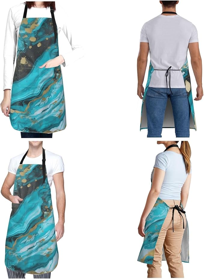 Aprons for Women with Pockets Waterproof Apron Adjustable Bib Turquoise Blue Gold Marble Apron Chef Apron